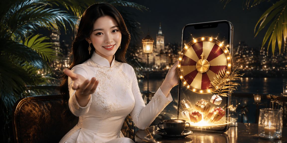 Khung cảnh Hà Nội với bàn roulette và người dùng đọc điều kiện ưu đãi